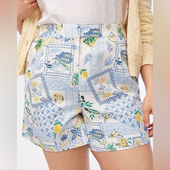 J. Crew  Printed Elastic-back Linen Blend Pleated Shorts in Blue/Green - Picture 3 of 8